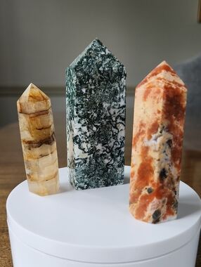 Crystal Towers, Set Of 3 Golden Healer, Moss Agate, Sunstone With Blue Apatite